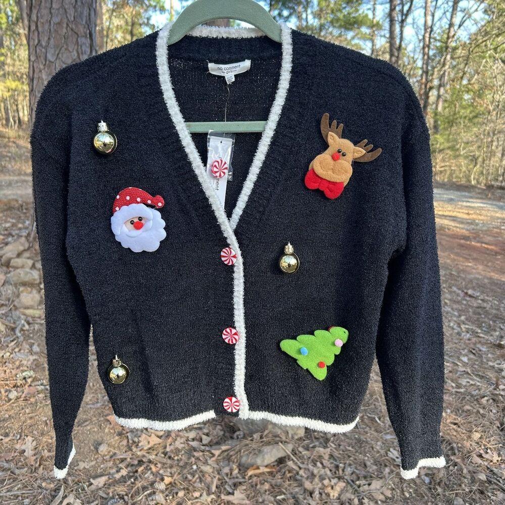 NEW No Comment Girl's Christmas Holiday Cardigan‎ Sweater-Size Large-Bells-Santa